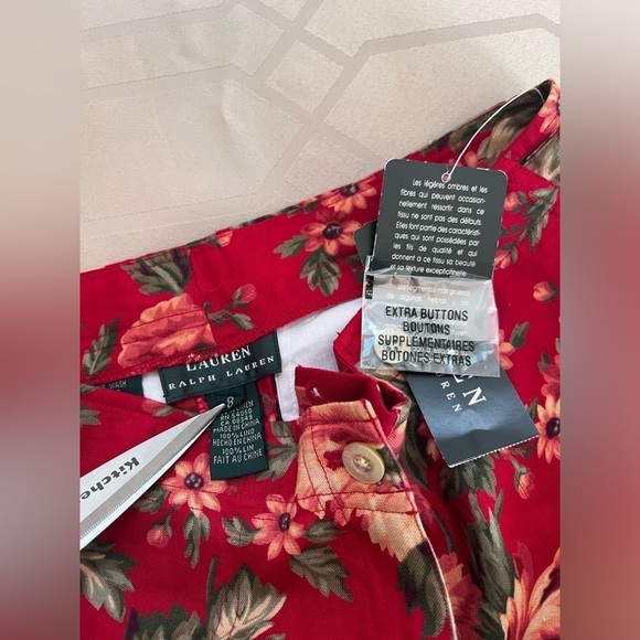 Vintage Lauren Ralph Lauren Red Linen Floral Hawaiian Shorts Size 8 - Picture 3 of 8